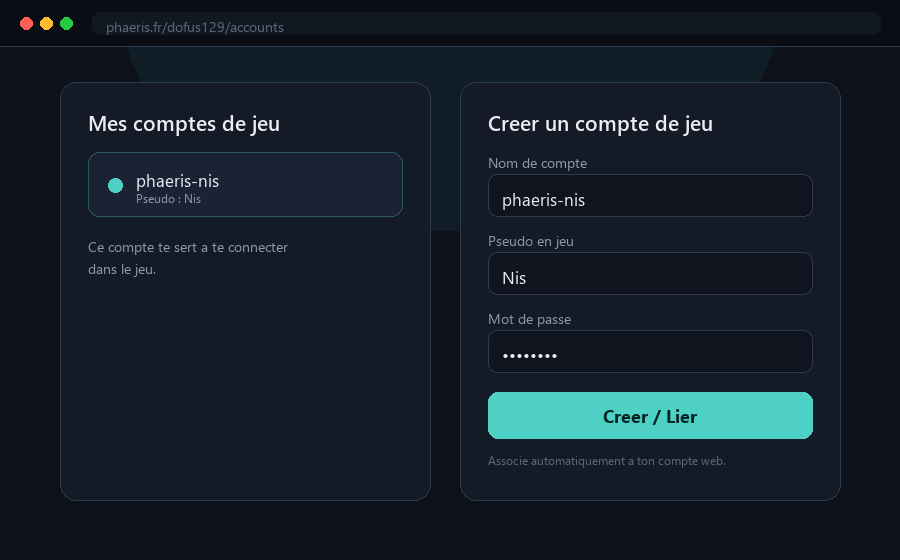 Création d'un compte de jeu associé au compte web
