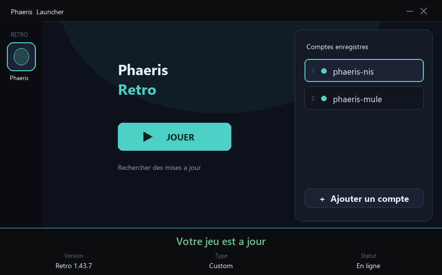 Le launcher avec la liste des comptes et le bouton Jouer